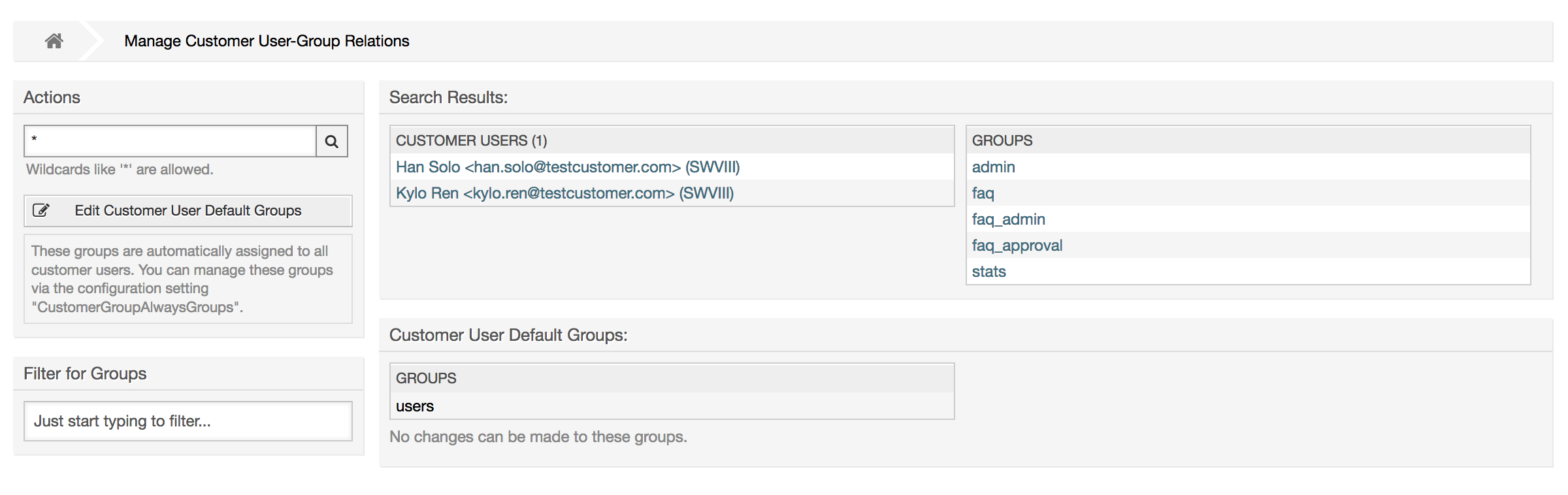Customer Users-Group relations management
