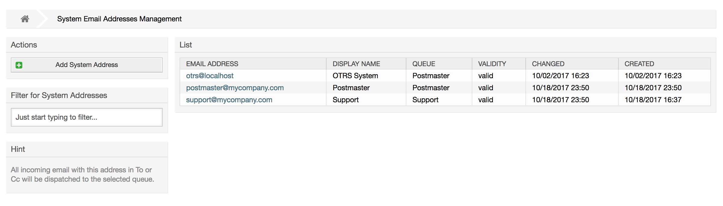System email addresses management