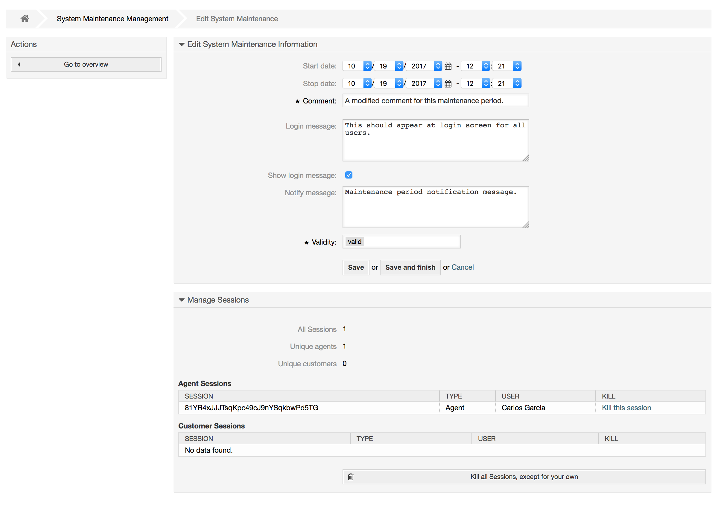 The system maintenance edit screen