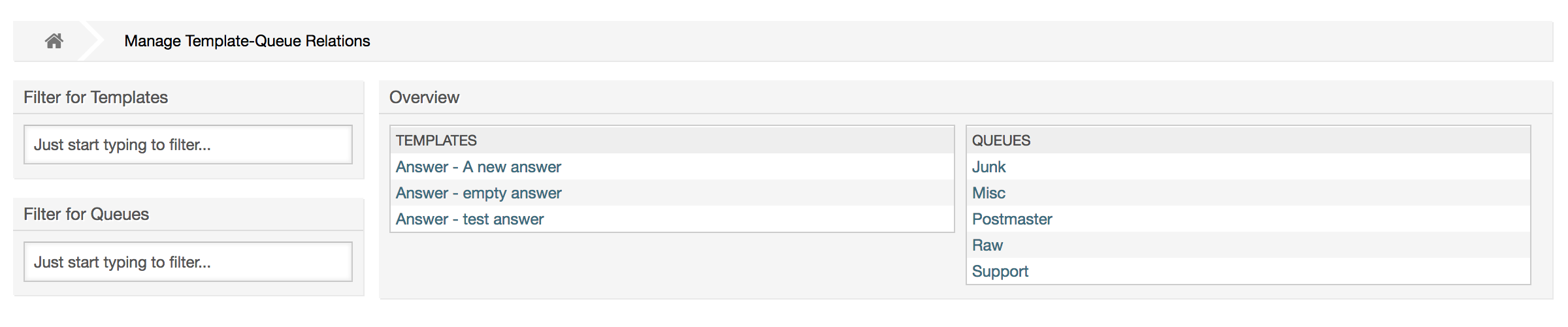 Template-Queue relations management
