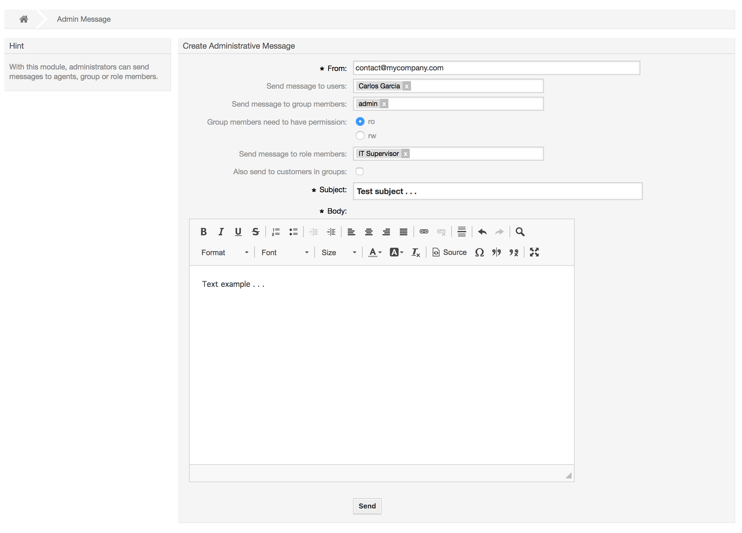 Admin notification screen