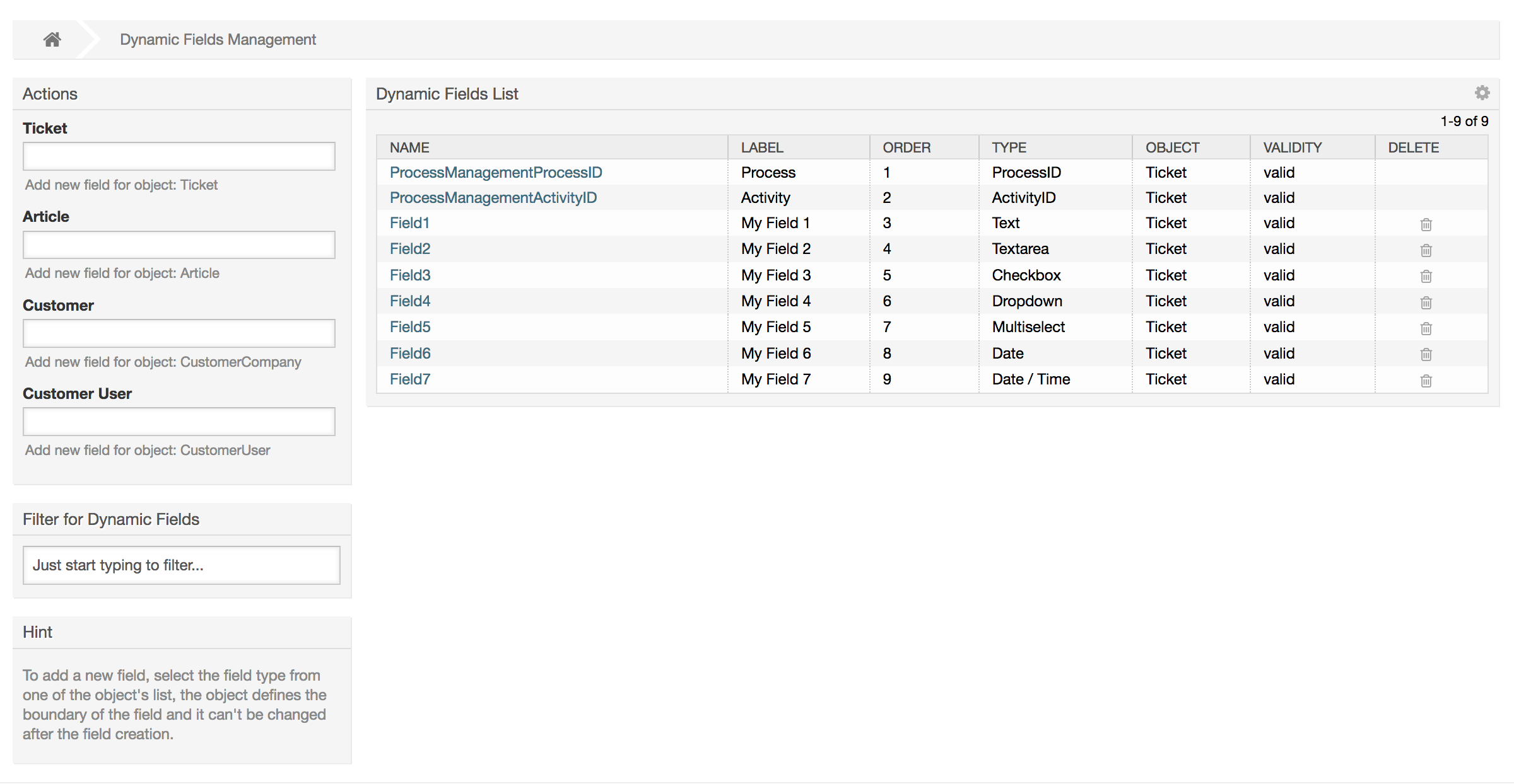 Dynamic field overview screen filled with sample data