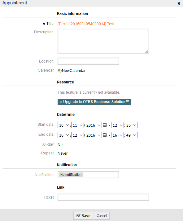 Edit screen of a ticket appointment