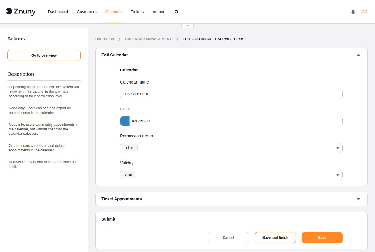 Calendar edit form — general settings
