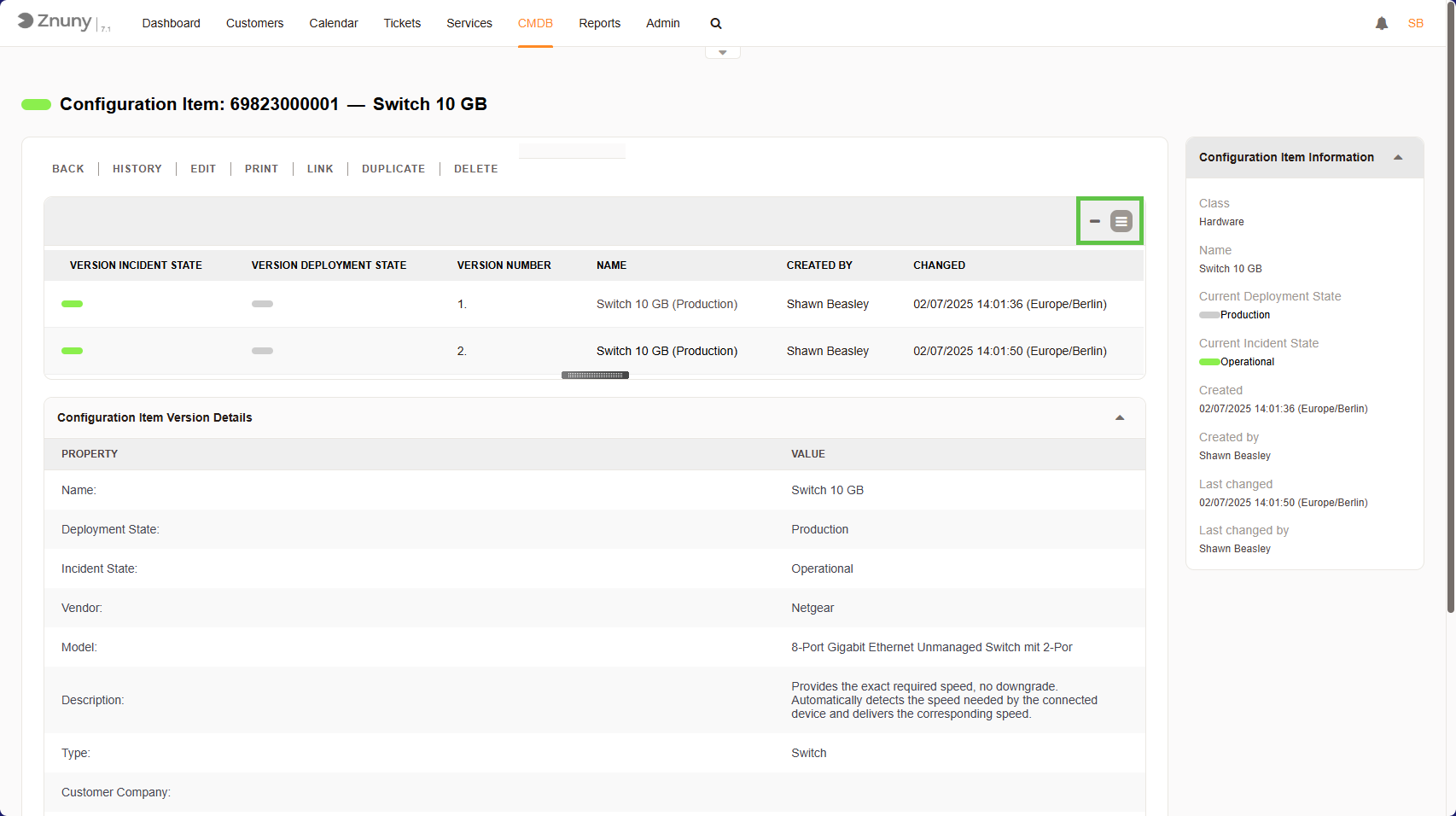 Configuration Item detail screen showing status information, version history and technical attributes
