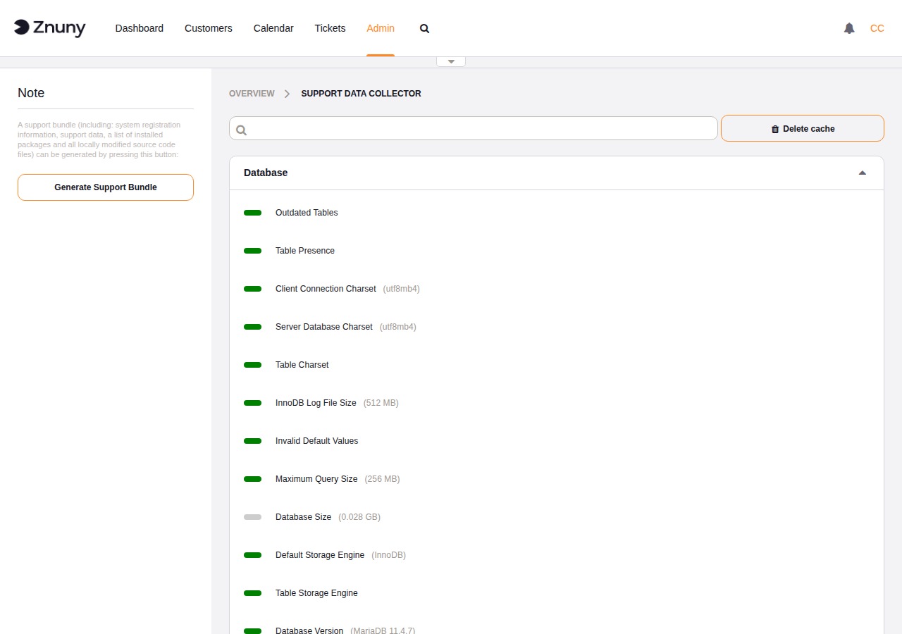 Support Data Collector showing the Database check group with status indicators